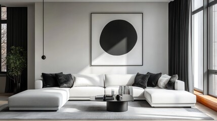 White Sectional Sofa with Black Pillows in Modern Living Room