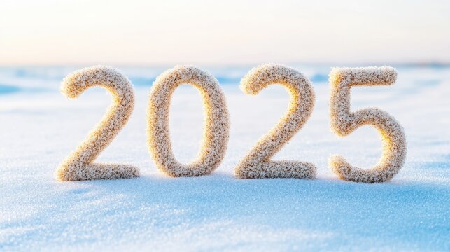 Celebrating new beginnings with 2025 written in soft sand on a serene beach at sunset, capturing the essence of the New Year