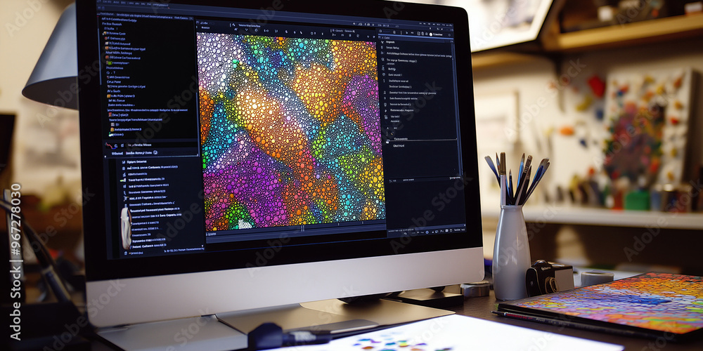 Fototapete close-up view of a computer screen displaying ai-generated abstract art with vibrant colors and geom