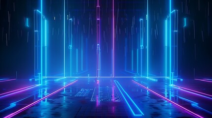 Fototapeta premium Vibrant neon lights create a futuristic, immersive environment, perfect for technology, gaming, or music themes. Stage for product presentation.