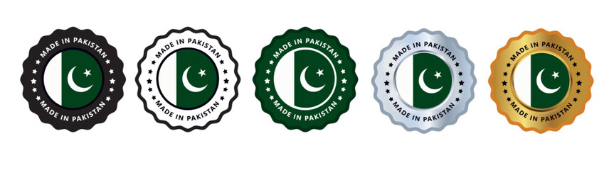 Made in pakistan set of sign stamp badge, with varian color green, silver, gold, black suitable for products manufactured, military, agriculture or food vector illustration eps editable text