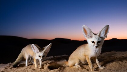 Naklejka premium Adorable fennec fox pair in the desert at dusk