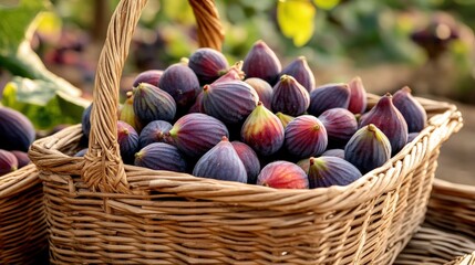 A close-up of ripe figs (Ficus carica) in a rustic basket, ideal for market sale