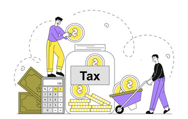 People with tax. Men with banknotes and gold coins near glass jar. Accounting and budgeting. Business people with financial audit. Linear vector illustration