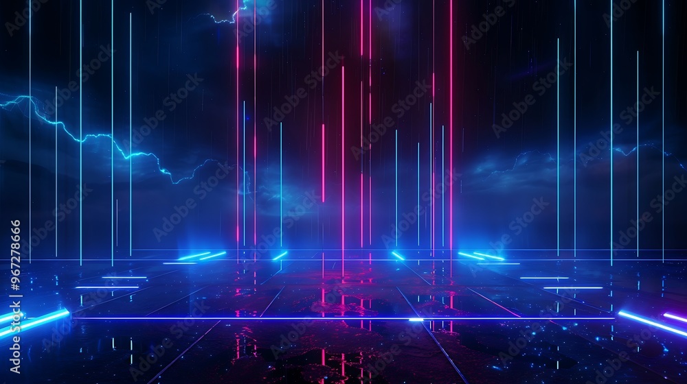 Poster vibrant neon lights create a futuristic scene with glowing lines and a dark backdrop, ideal for sci-