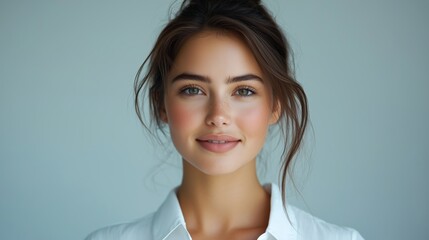 Portrait of a happy, smiling, and beautiful young business woman in a white shirt, looking at the camera against a light grey background