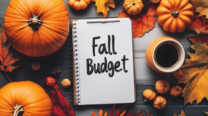Fall budget planner flat lay featuring seasonal items like pumpkins, acorns, and a warm cup of coffee on a rustic wooden surface