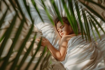 Restful moment of young girl wrapped tranquility and tenderness. Relaxing night small girl embraced calmness of sleep. Allegory of calm and serenity represented sleeping child.