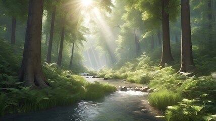 Fototapeta premium Sunbeams Through the Forest: A tranquil stream winds through a lush, verdant forest bathed in warm sunlight. Sunlight streams through the canopy, creating a magical atmosphere of peace and serenity. 