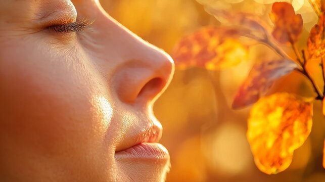 Cozy relief: Applying a warm compress to soothe sinus pressure in a fall-themed environment