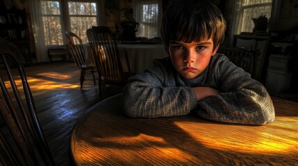 Obraz premium A young boy is sitting at a table in a room with chairs around it. He is wearing a gray sweater and he is sad