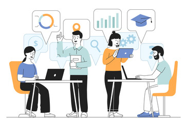Teamwork in office. Men and women with graphs and diagrams. Organization of effective work process, collaboration and cooperation. Linear vector illustration