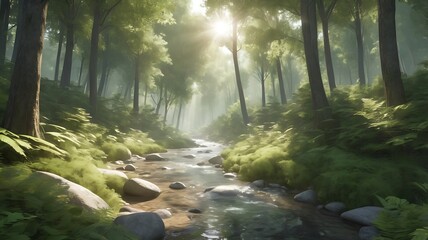 Obraz premium Sun-Kissed Serenity: A pristine stream meanders through a verdant forest, bathed in the ethereal glow of dawn. 