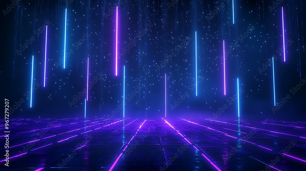 Poster vibrant neon lights create an immersive digital landscape with dynamic reflections and glowing patte
