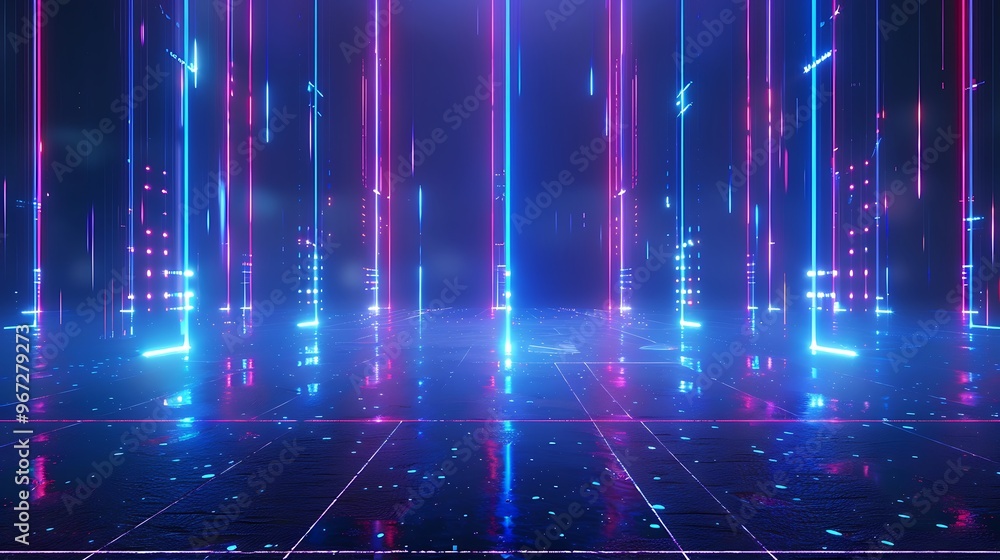 Poster vibrant neon lights creating a futuristic atmosphere with glowing lines and patterns, perfect for te