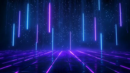 Vibrant neon lights create an immersive digital landscape with dynamic reflections and glowing patterns in a futuristic setting. Stage for product presentation.