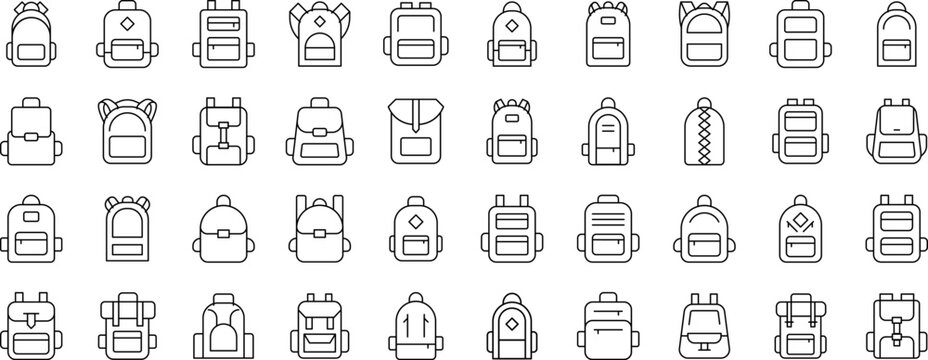 Backpack, Schoolbag Icon Set for UI, Placards, Books, Apps. Editable Stroke. Suitable for Web Sites, Books, Cards, Apps