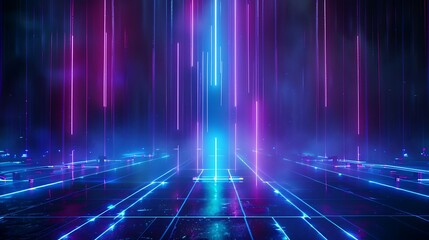 Vibrant neon lights illuminate a digital landscape, creating a futuristic atmosphere of energy and excitement. Stage for product presentation.