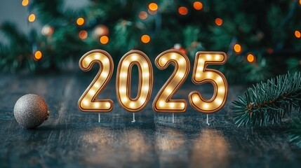 Glowing 2025 candles on a rustic table surrounded by festive decorations and Christmas tree branches for a magical New Year's celebration