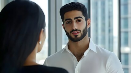 Young Man in Office Meeting, Attractive Candidate in Interview Scene with Eye Contact