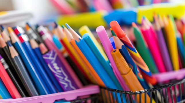 Tips for saving money on back-to-school supplies with colorful stationery and office items arranged in containers