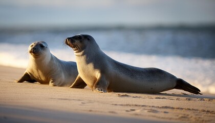 Playful seal pair sliding down a sandy beach