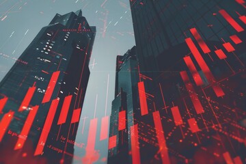 Abstract image combining tall skyscrapers with red financial data overlays, representing a dynamic city financial market.