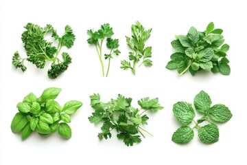 Obraz premium Collection of Fresh Green Herbs - Basil, Parsley, Mint, and More for Culinary and Medicinal Use
