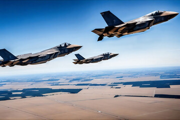 A three-member squadron of modern fighter bombers flying over the desert – Perfect wallpaper for desktop.