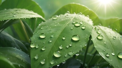 Obraz premium Emerald Dewdrops: Lush green leaves glisten with fresh raindrops, bathed in the warm glow of morning sunlight. 