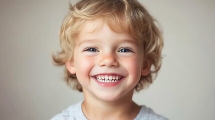 Naklejka premium A young boy with blonde hair and a white shirt is smiling. He has a few teeth visible, and his smile is bright and genuine
