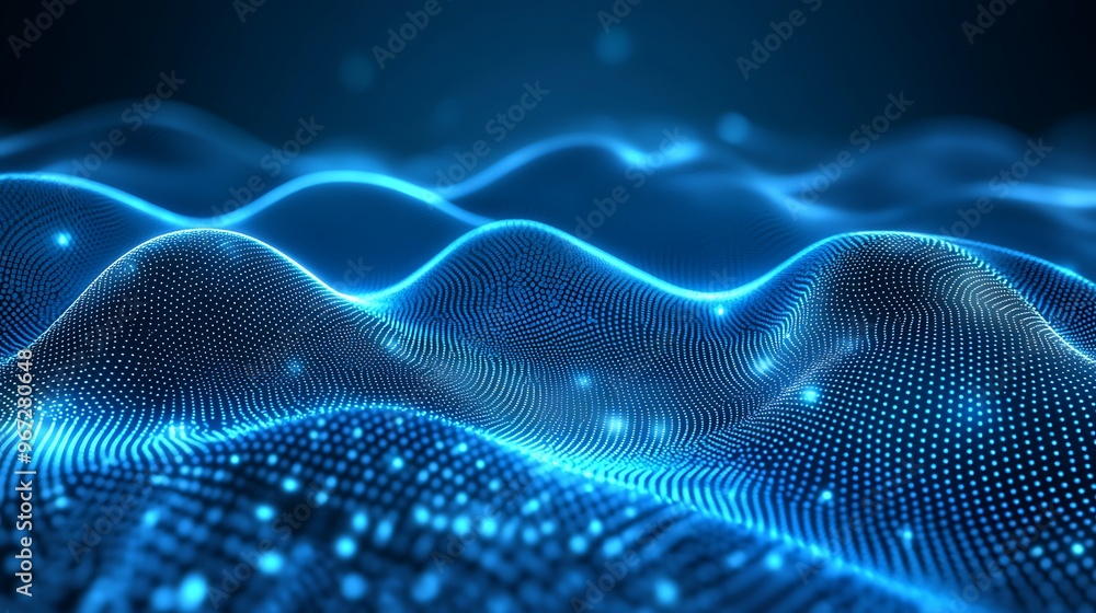 Poster a captivating abstract image of glowing blue waves, illustrating digital data flow and futuristic te