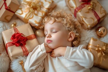 Fototapeta premium Young boy surrounded nighttime warmth peacefully snoozing. Relaxation and rest young blonde curled and serene. Curly locks and restful sleep depict angelic innocence nighttime repose.
