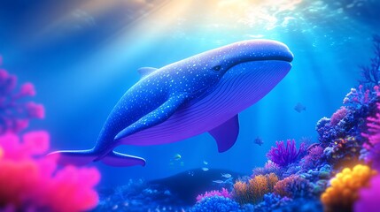 Obraz premium Majestic Blue Whale Swimming Among Vibrant Coral Reefs in Sunlit Water