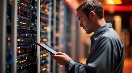 A professional technician monitors server performance using a tablet, surrounded by a network of organizational servers.