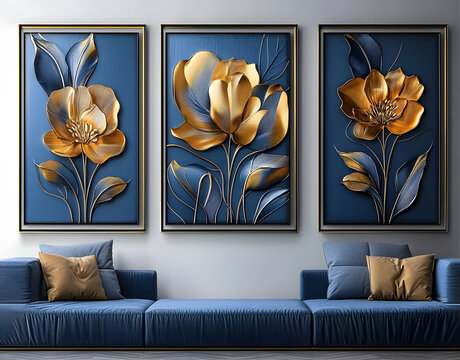 set three modern floral wall art panels blue gold