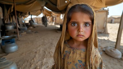 Fototapeta premium A young girl wearing a long dress and a scarf is standing in a dirt field. She looks sad and tired
