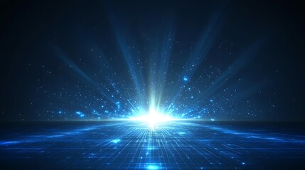 Naklejka premium A captivating blue light burst emerging from a digital horizon, creating a sense of depth and wonder in a futuristic setting.