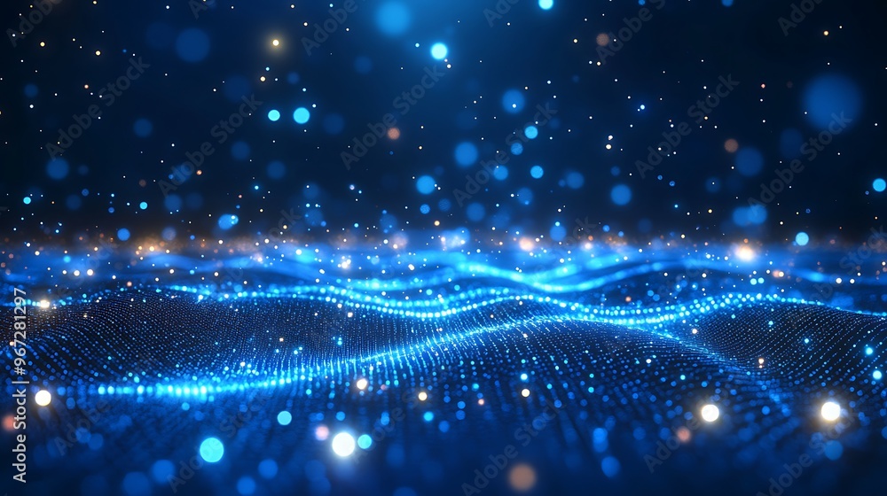 Poster a captivating blue wave of glowing particles creating a stunning abstract background with depth and 