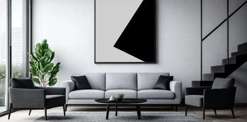 Modern Living Room with Grey Sofa, Black Armchairs, and Geometric Artwork