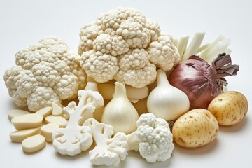 Assorted White Vegetables - Cauliflower, Potatoes, Onions, and Supplements | Healthy Eating, Nutrient-Rich Foods, Natural Ingredients