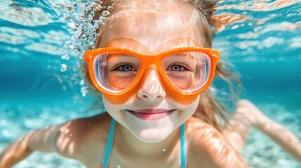 Naklejka premium A young girl wearing orange goggles is smiling while swimming in the ocean. Concept of joy and excitement as the girl enjoys her time in the water