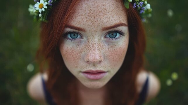 A woman with red hair and blue eyes is wearing a flower crown. She has a very pretty and natural look - Powered by Adobe