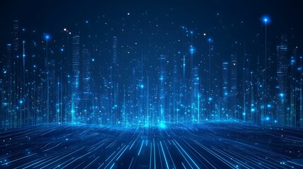 A captivating digital landscape filled with glowing blue particles and beams of light, representing data and technology in motion.