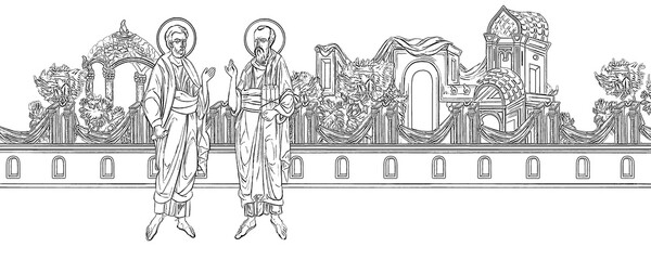 Obraz premium Saint Peter and Paul the Apostle. Coloring Christian page in Byzantine style