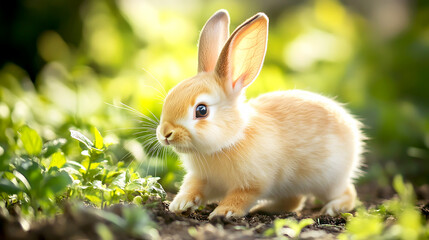 Fototapeta premium playful bunny hopping through a vibrant garden, with colorful flowers and plants all around, looking joyful and energetic