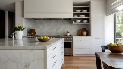 Modern kitchen interior featuring sleek furniture, a stylish table, and contemporary appliances