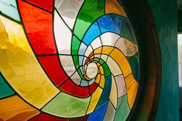 Fototapeta premium A close-up of a colorful stained glass window with intricate patterns and a spiral design, radiating light and artistic beauty.
