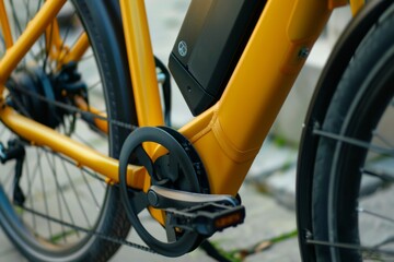 Detailed view of a yellow electric bicycle's drivetrain and battery system, emphasizing technical precision and craftsmanship.