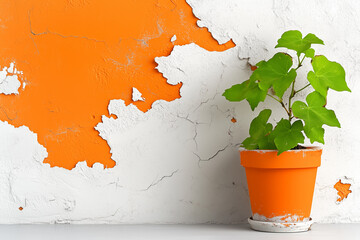 A plant in a pot sits on a wall with a white background. The wall has a peeling paint and he is in need of repair